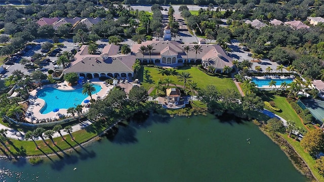 bird's eye view with a water view