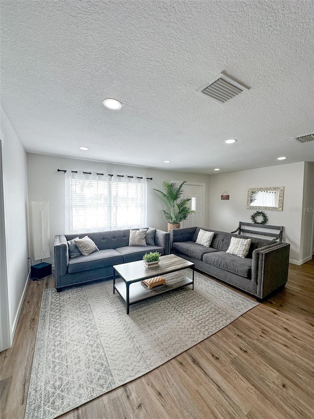 living room with a textured ceiling and hardwood / wood-style flooring