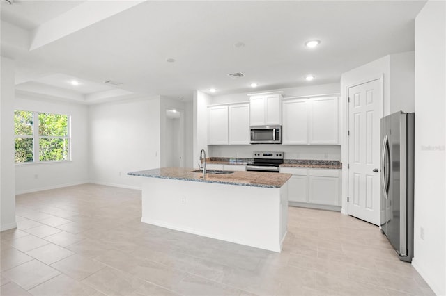 kitchen with stainless steel appliances, an island with sink, stone countertops, a tray ceiling, and white cabinetry