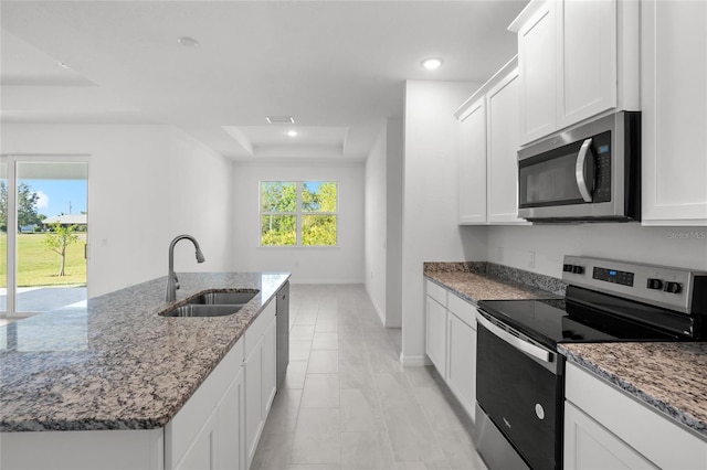 kitchen with a center island with sink, stainless steel appliances, a tray ceiling, sink, and white cabinetry