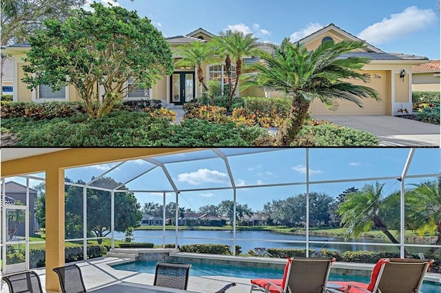 view of swimming pool with a lanai and a water view