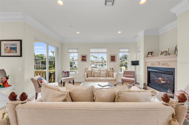 living room with crown molding