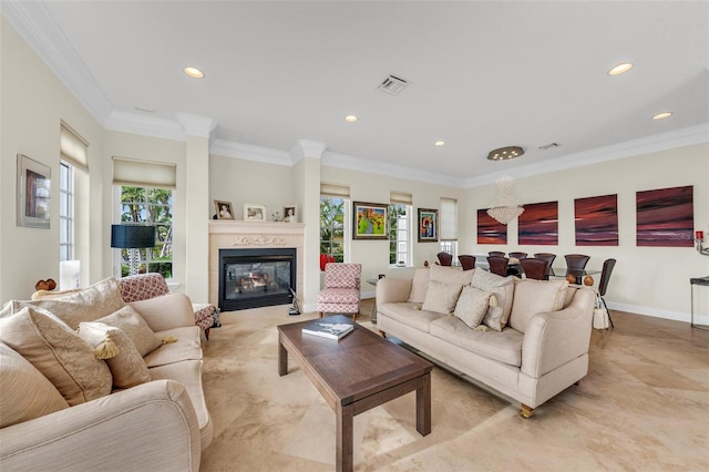 living room with ornamental molding