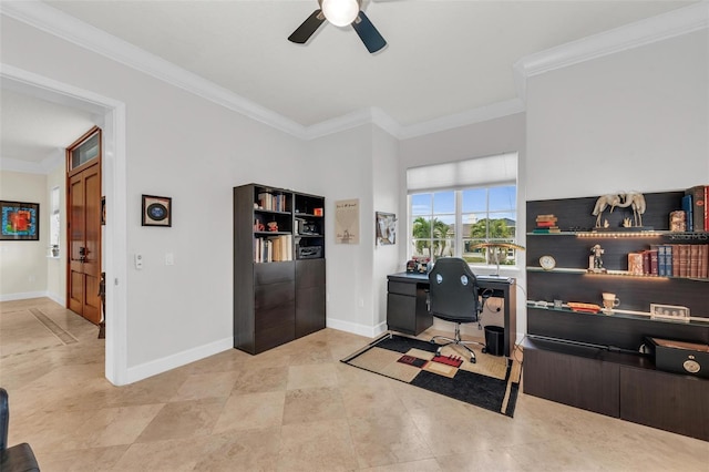 office space with crown molding and ceiling fan