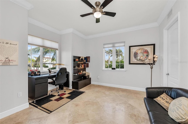 office featuring crown molding and ceiling fan