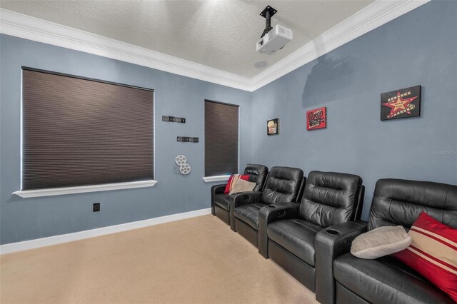 cinema with ornamental molding, light carpet, and a textured ceiling