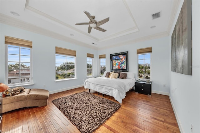 bedroom featuring a raised ceiling, ceiling fan, and multiple windows