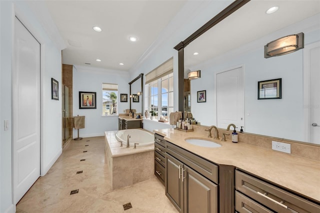 bathroom with crown molding, vanity, and independent shower and bath