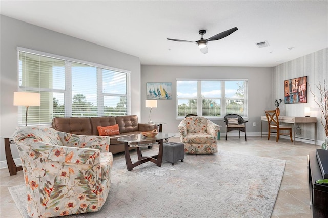 living room with ceiling fan