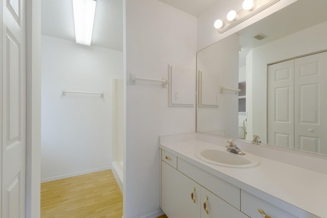 bathroom with vanity and wood-type flooring