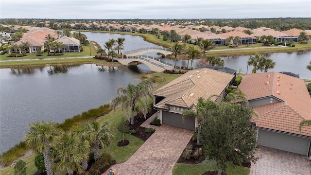 aerial view featuring a water view