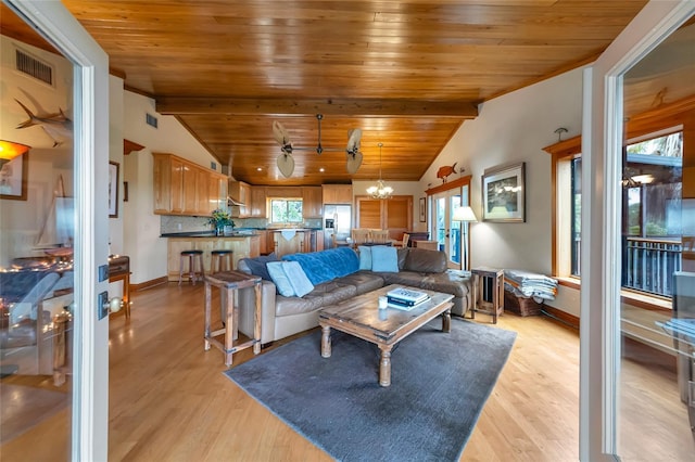 living room with wooden ceiling, light hardwood / wood-style flooring, and lofted ceiling with beams