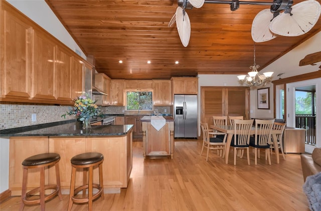 kitchen with lofted ceiling, decorative backsplash, wood ceiling, and stainless steel appliances