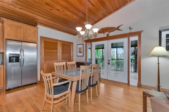 dining space with lofted ceiling, a notable chandelier, light hardwood / wood-style flooring, wood ceiling, and french doors