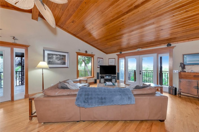 living room featuring ceiling fan, french doors, high vaulted ceiling, and light hardwood / wood-style flooring