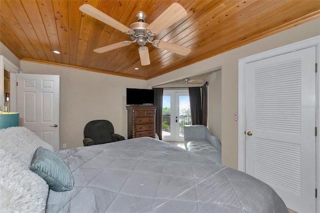 bedroom featuring ceiling fan, wood ceiling, french doors, and access to outside