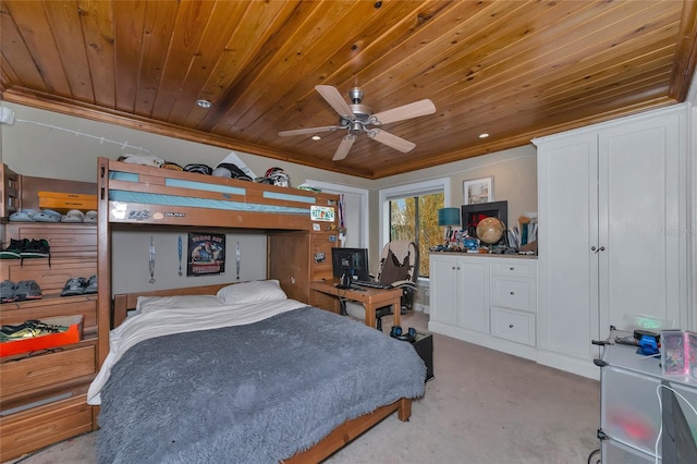 bedroom with light carpet, ceiling fan, crown molding, and wooden ceiling