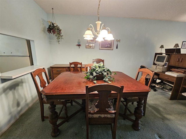 dining space with carpet floors and a chandelier