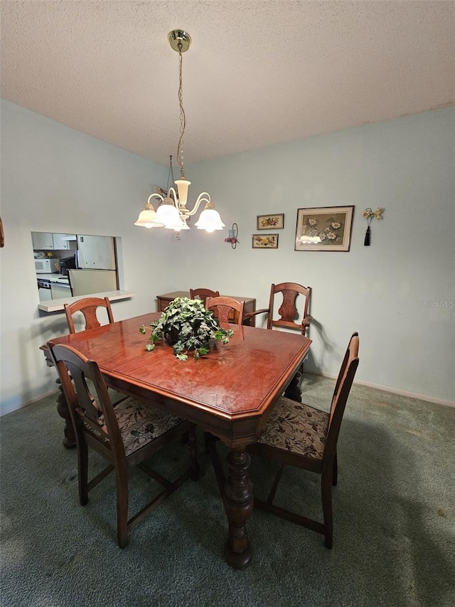 dining room featuring a notable chandelier, carpet, lofted ceiling, and a textured ceiling