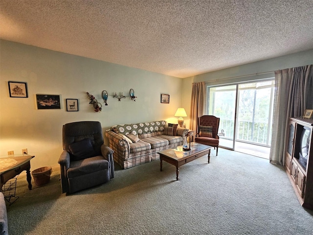 carpeted living room featuring a textured ceiling