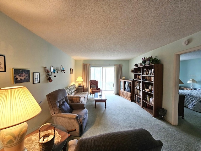 carpeted living room with a textured ceiling