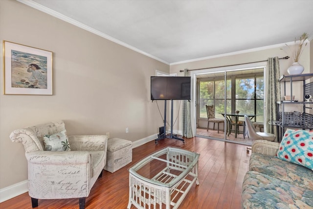 living room with crown molding and dark hardwood / wood-style floors