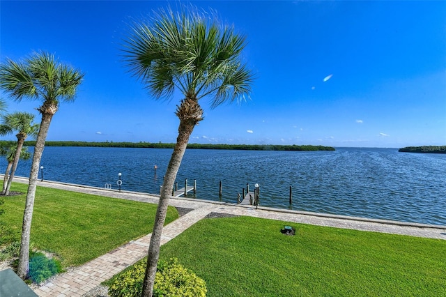 water view featuring a dock