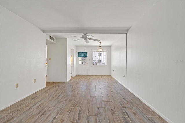 unfurnished living room featuring ceiling fan and light wood-type flooring