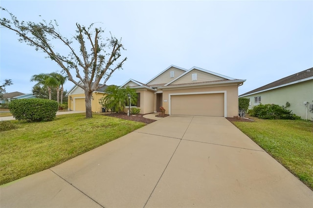 single story home featuring a front lawn and a garage