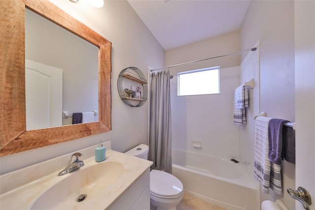 full bathroom with toilet, vanity, and shower / tub combo