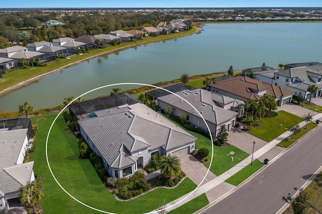 aerial view featuring a water view