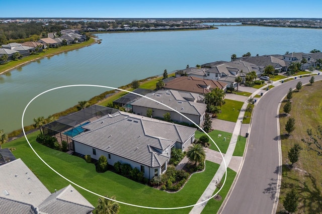 aerial view featuring a water view