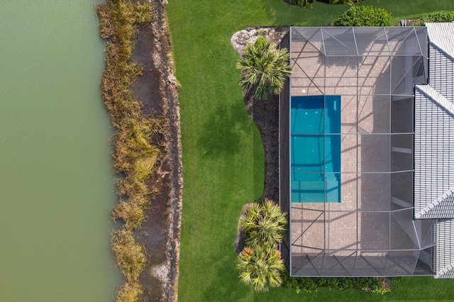 drone / aerial view featuring a water view