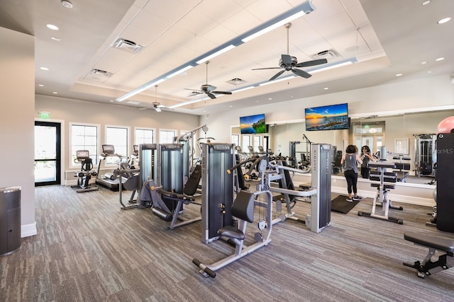 workout area with a raised ceiling and carpet floors