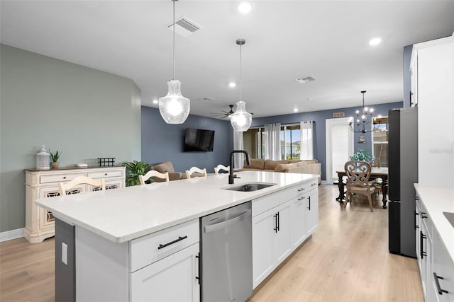 kitchen featuring white cabinetry, stainless steel dishwasher, a kitchen island with sink, and sink