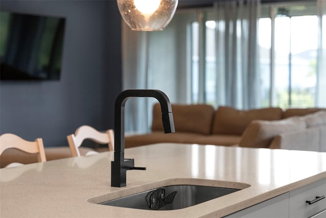 details with white cabinetry, sink, and light stone countertops