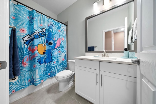 full bathroom featuring vanity, shower / bath combo, tile patterned floors, and toilet