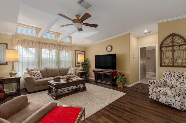 living room with ceiling fan, dark hardwood / wood-style flooring, beamed ceiling, and ornamental molding