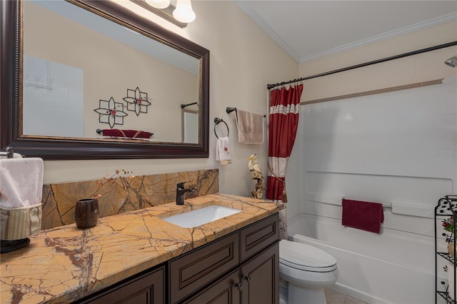 full bathroom featuring toilet, vanity, tile patterned floors, shower / bath combo, and ornamental molding