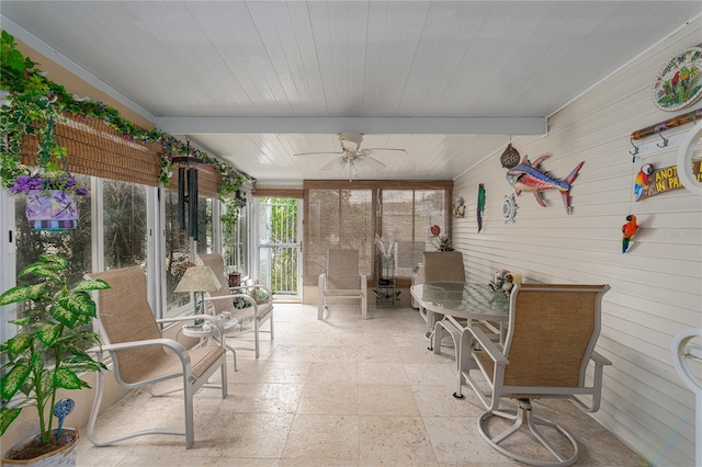 sunroom / solarium featuring ceiling fan and beam ceiling