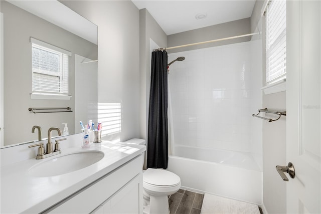 full bathroom with vanity, toilet, and shower / bathtub combination with curtain