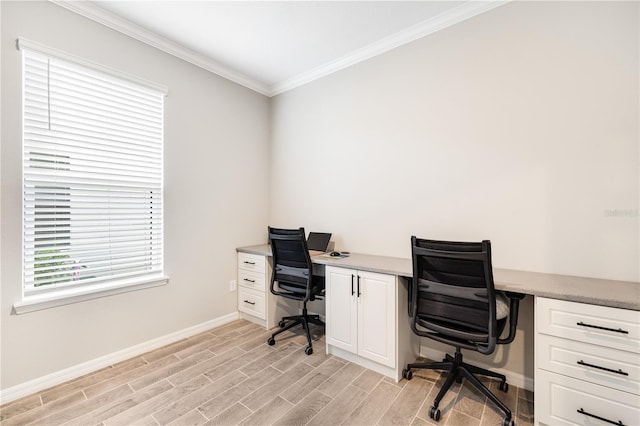 office with crown molding and light hardwood / wood-style floors