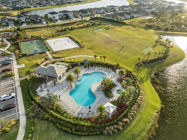 aerial view featuring a water view