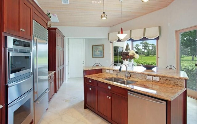 kitchen featuring sink, wood ceiling, stainless steel appliances, and hanging light fixtures