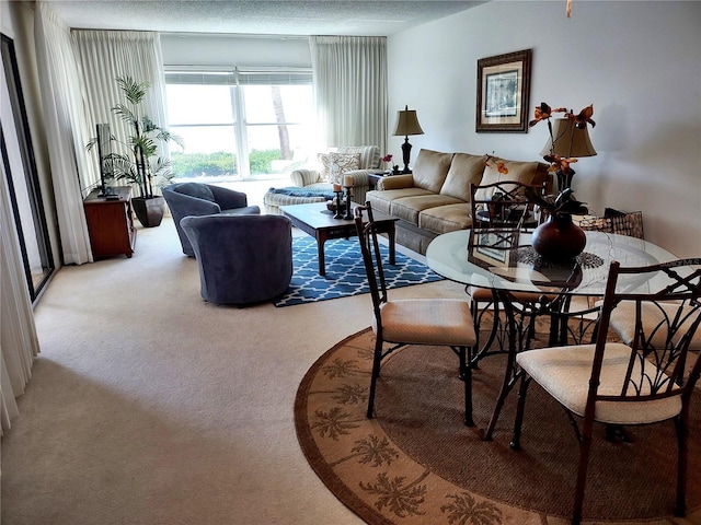 living room with a textured ceiling and light colored carpet