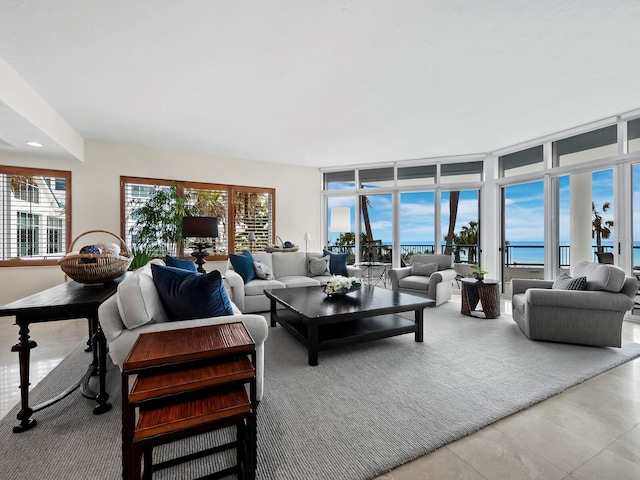 living room featuring a water view