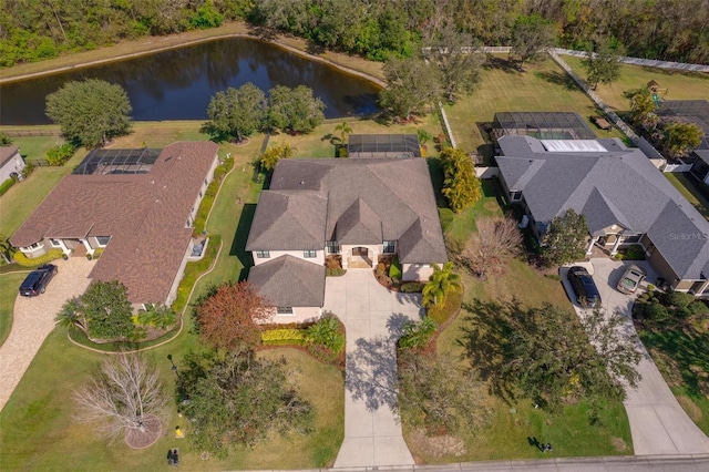 aerial view featuring a water view