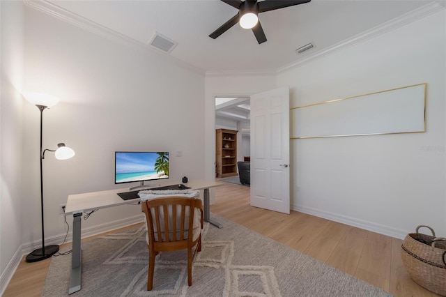 office area featuring ceiling fan, light hardwood / wood-style floors, and crown molding