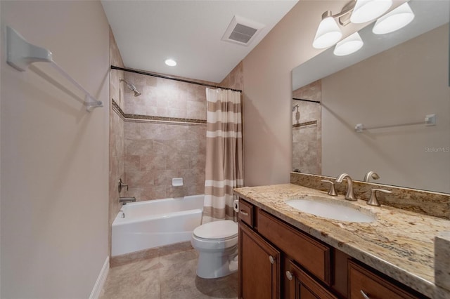 full bathroom featuring shower / bath combination with curtain, vanity, and toilet