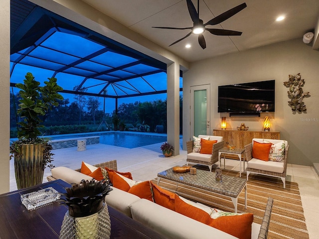 view of swimming pool featuring ceiling fan